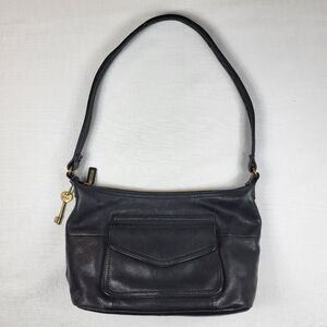 Fossil Black Leather PURSE Shoulder Bag Key Charm Zipper Closure Pockets 75082